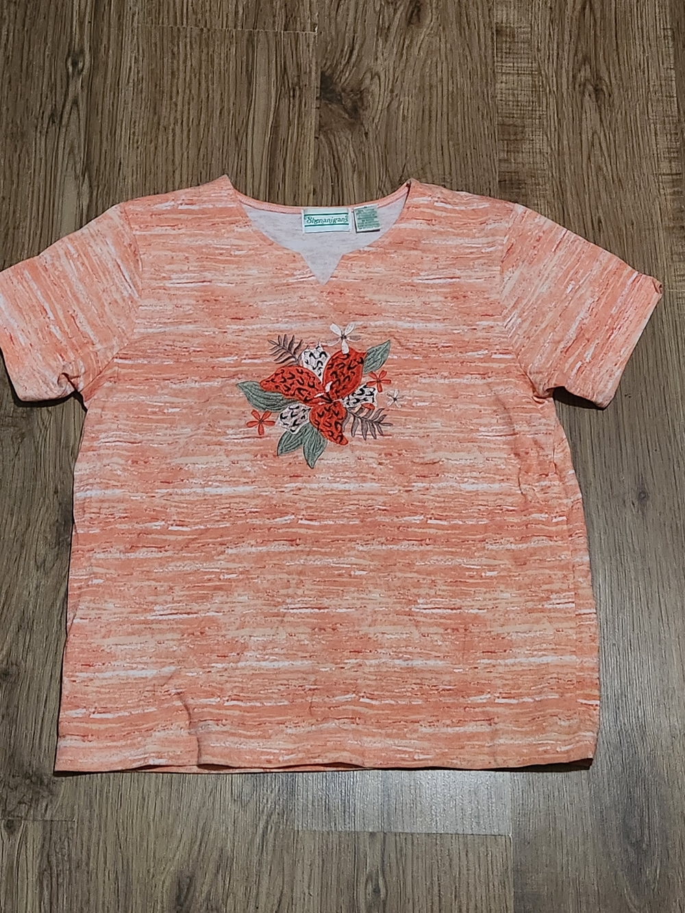 Short Sleeve Peach Heathered Floral Embroidered Blouse